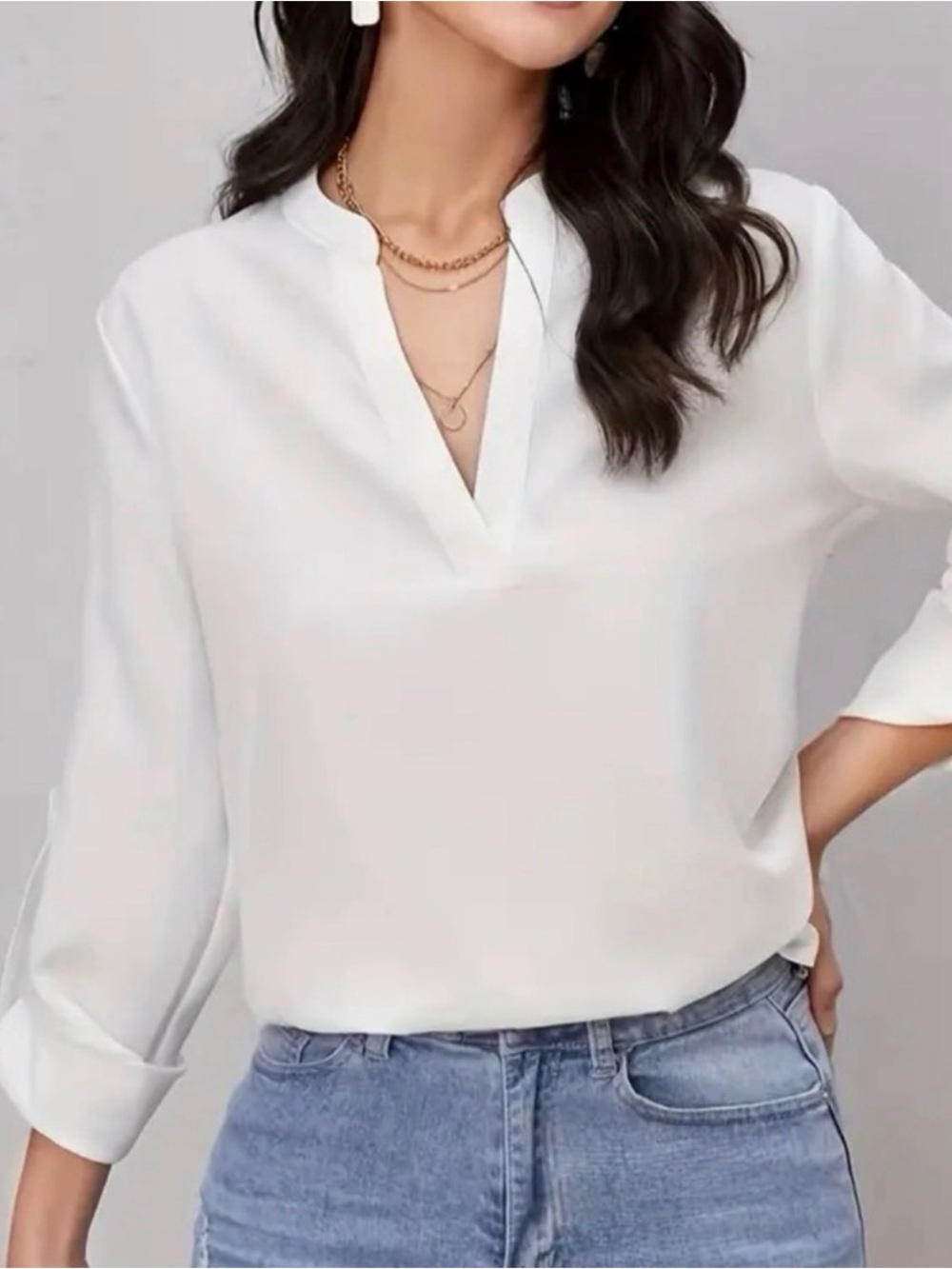 Source Unknown White V-Neck Split Collar Blouse